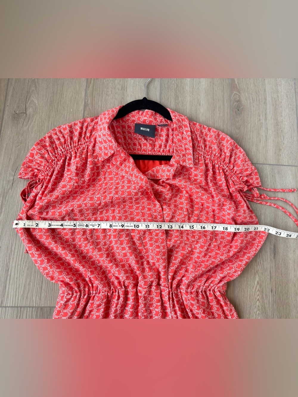 Anthro Maeve Carlotta Ruched Shirtdress Coral Print Tie Sleeve Sz S EUC flirty - Picture 15 of 16